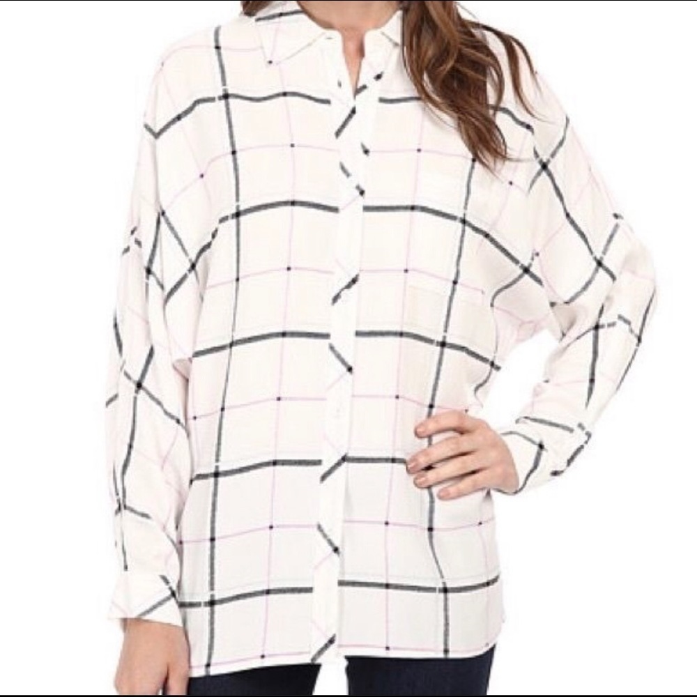 Vince Camuto White Grid Plaid Long‎ Sleeve Top Button Down Career Flowy